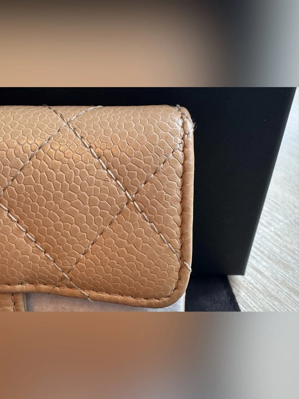 CHANEL Beige Quilted Caviar Leather Card Holder with Silver CC